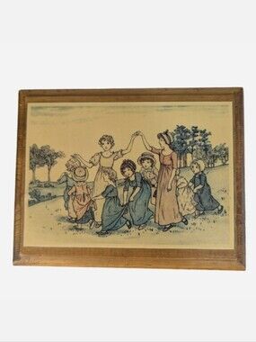 Vintage Wood Framed Print Children Circle Dance 7x5.5